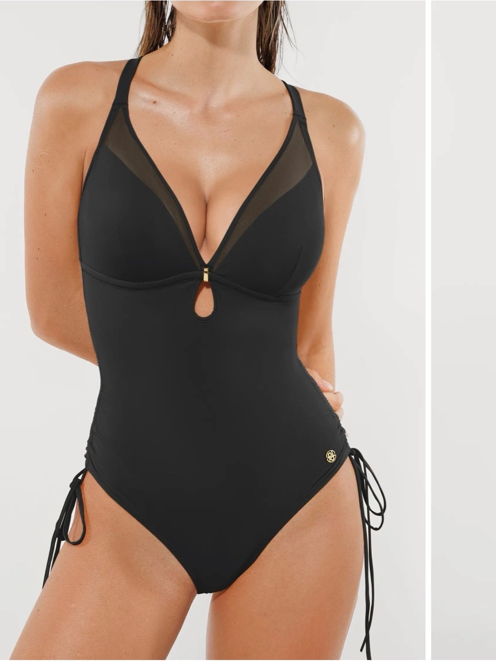 Classic Black V-Neck One-Piece Swimsuit with Mesh Insets